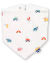 Baby bib with colorful animal and vehicle patterns on a white background