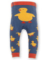 Blue baby leggings with yellow duck pattern on a white background