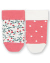 Two pairs of socks with floral and polka dot patterns on a white background