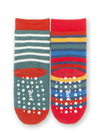 Two colorful socks with striped and polka dot patterns on a white background