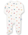 Baby onesie with colorful patterns on a white background