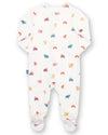 Baby onesie with colorful prints on a white background