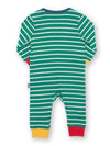 Green and white striped baby romper with red cuffs and yellow accents on a white background