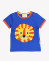 Blue t-shirt with a lion face design on a white background