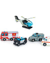 Set of toy emergency vehicles including a helicopter, ambulance, police car, and fire truck on a white background.