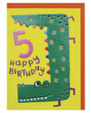Children's birthday card with a green dinosaur number '5' on a yellow background