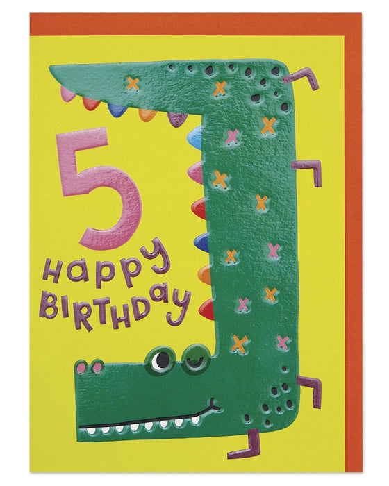 Children's birthday card with a green dinosaur number '5' on a yellow background