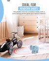 Children's toy car and elephant plush on a rug in a nursery with text about newborn babies.