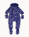 Blue baby snowsuit with star pattern and matching mittens on a white background