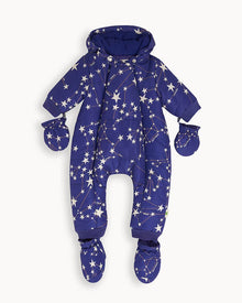  Blue baby snowsuit with star pattern and matching mittens on a white background
