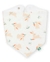 Baby bib with bunny and carrot pattern on a white background