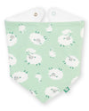 A triangular baby bandana bib with a mint green background and a white sheep pattern, featuring a white inner lining and snap closures at the top.