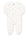A baby footed sleeper in white with a colorful pattern of small animals, featuring long sleeves, a front zipper, and integrated feet.