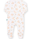 A baby footed sleeper in white with a repeating pattern of light orange rabbits and carrots, shown against a plain white background.