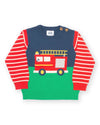 Children's sweater with fire truck design on a white background
