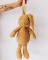 Brown plush bunny held by a hand against a white background