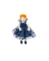 Doll with orange hair wearing a blue dress with black polka dots on a white background