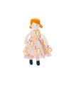 Toy doll with orange hair and a patterned dress on a white background