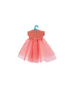 Coral dress on a blue hanger against a white background