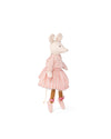 Stuffed mouse toy in a pink dress and ballet shoes on a white background