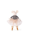 Stuffed mouse toy in a black and white striped shirt and beige tutu on a white background