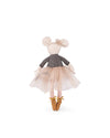 Stuffed toy mouse in a dress with tulle skirt and ballet shoes on a white background