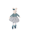Stuffed toy mouse in a dress with striped skirt and ballet shoes on a white background