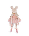 Stuffed mouse toy in a pink dress with a white background