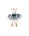 Stuffed mouse toy in a blue dress and white shoes on a white background