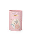 Pink cylindrical container with illustrations and text on a white background