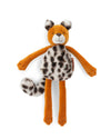 Plush toy resembling a lemur with brown body, black and white patterned belly, and black and white ears on a white background.