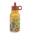 Yellow water bottle with floral design and brown lid on a white background