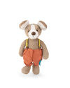 A plush stuffed animal shaped like a small brown dog wearing orange corduroy-style overalls with yellow suspenders, photographed against a plain white background.