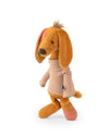 A plush toy dog wearing a beige and pink striped turtleneck sweater, standing against a solid white background.