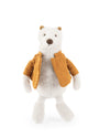 A plush polar bear toy wearing a mustard yellow corduroy jacket, standing against a solid white background.
