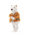 A white plush polar bear toy wearing a mustard yellow corduroy jacket, standing on a white background.