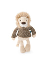 A plush lion toy with a cream-colored face and legs, a tan mane, and a textured brown knit sweater, standing against a plain white background.