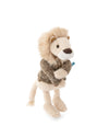 A plush lion toy wearing a brown and beige knit sweater, standing against a plain white background.