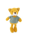 A plush toy fox wearing a muted sage green t-shirt, standing against a solid white background.