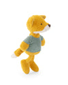 A plush toy fox wearing a muted sage green t-shirt, standing on a white background.