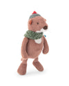 A plush toy otter wearing a green knit scarf and a striped beanie with a red pom-pom, standing against a plain white background.