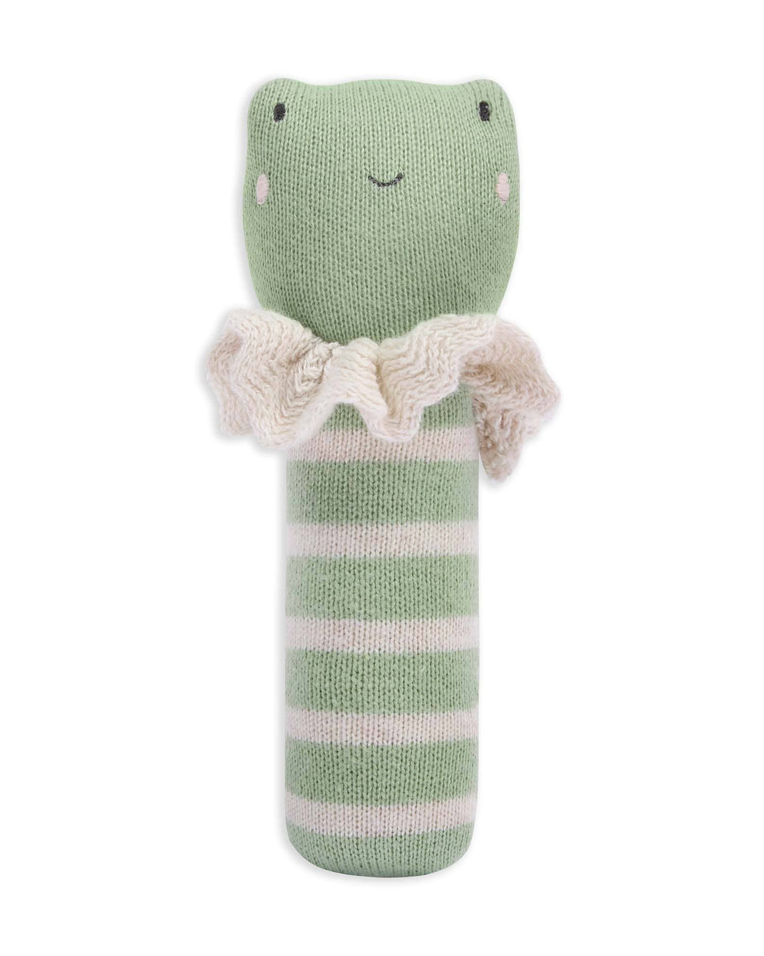 Green knitted toy with a ruffled collar on a white background