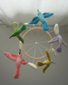Colorful felt bird mobile hanging against a plain background