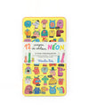 Pack of 12 neon coloring pencils with cartoon character design on a yellow background