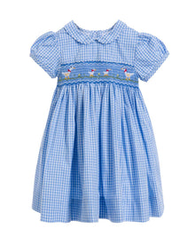  Blue checkered dress with smocked neckline on a white background
