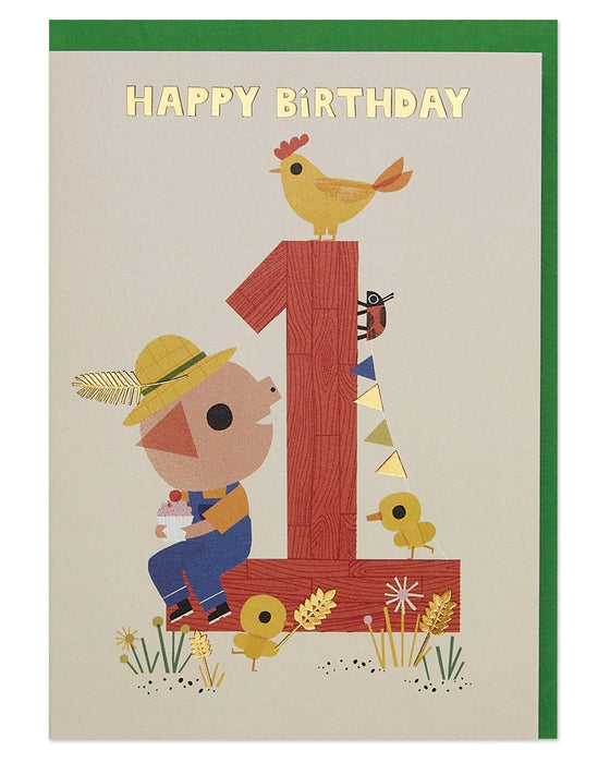 Children's birthday card with a pig and number one illustration on a beige background