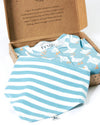 Two baby bibs with blue and white stripes and duck design in a cardboard box.