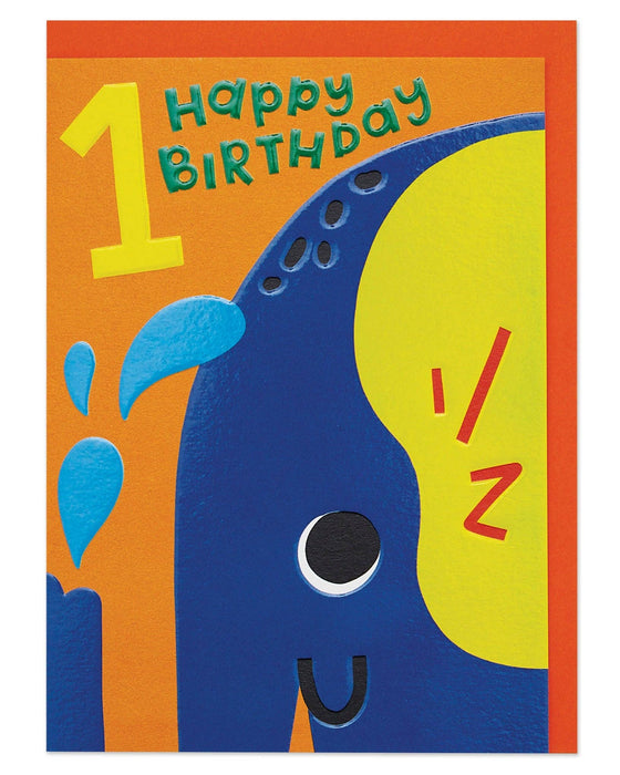 Children's birthday card with a blue and yellow character on an orange background