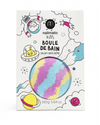 Bath bomb packaging with colorful design and text on a white background