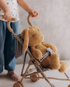 Child pushing a teddy bear in a small stroller against a neutral background